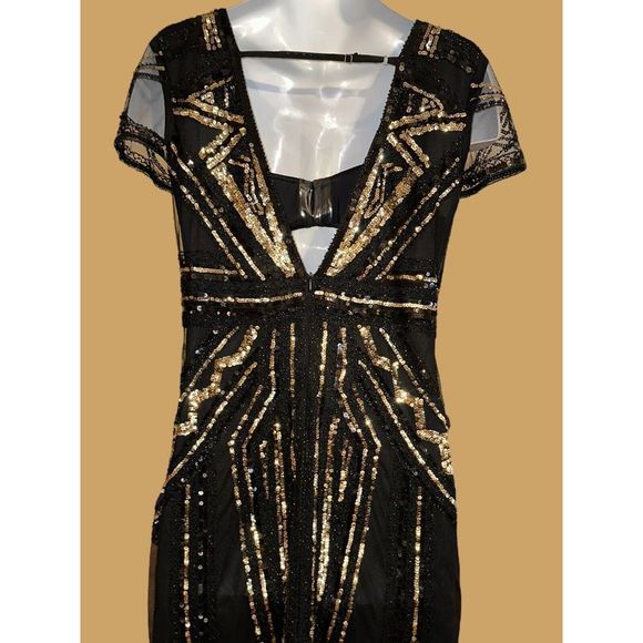 VIJIV 1920s Style V Neck Inspired Sequins Cocktail Flapper Dress Black Gold XL - Picture 5 of 7